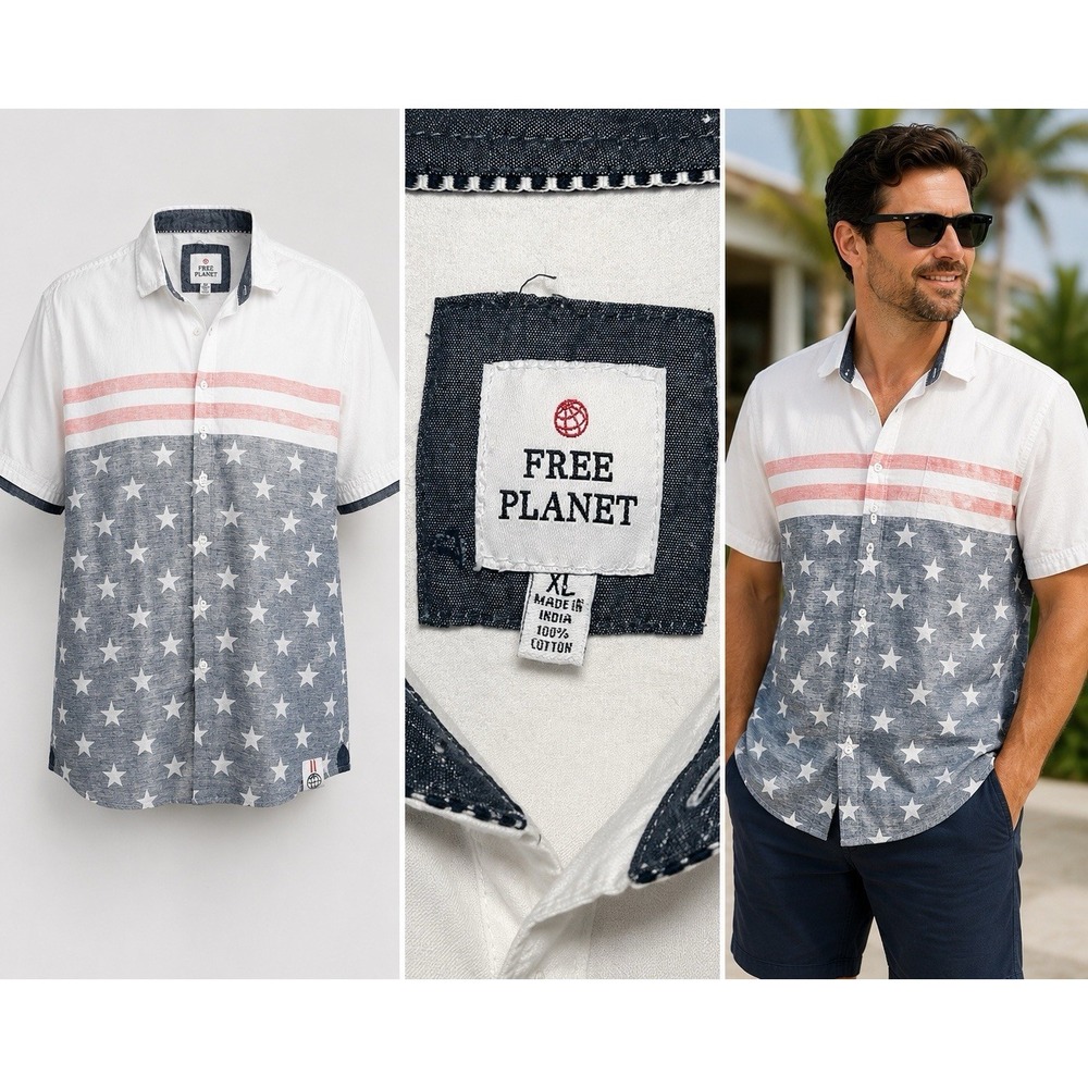 Free Planet Shirt Men's XL White Button Up Shirt Stars & Stripes 4th Of July BBQ